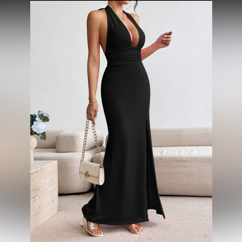 Black open back halter maxi dress - Picture 2 of 7